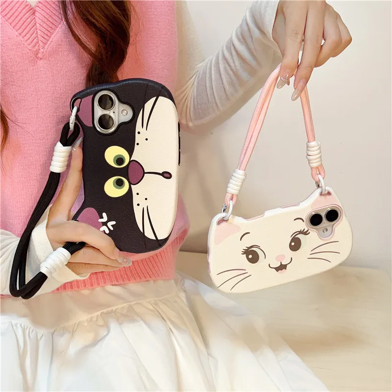 

Messenger Lucifer Cat Disney Marie Cat Phone Case for iPhone 16 15 14 13 Pro Max Disney backpack shoulder bag Cover