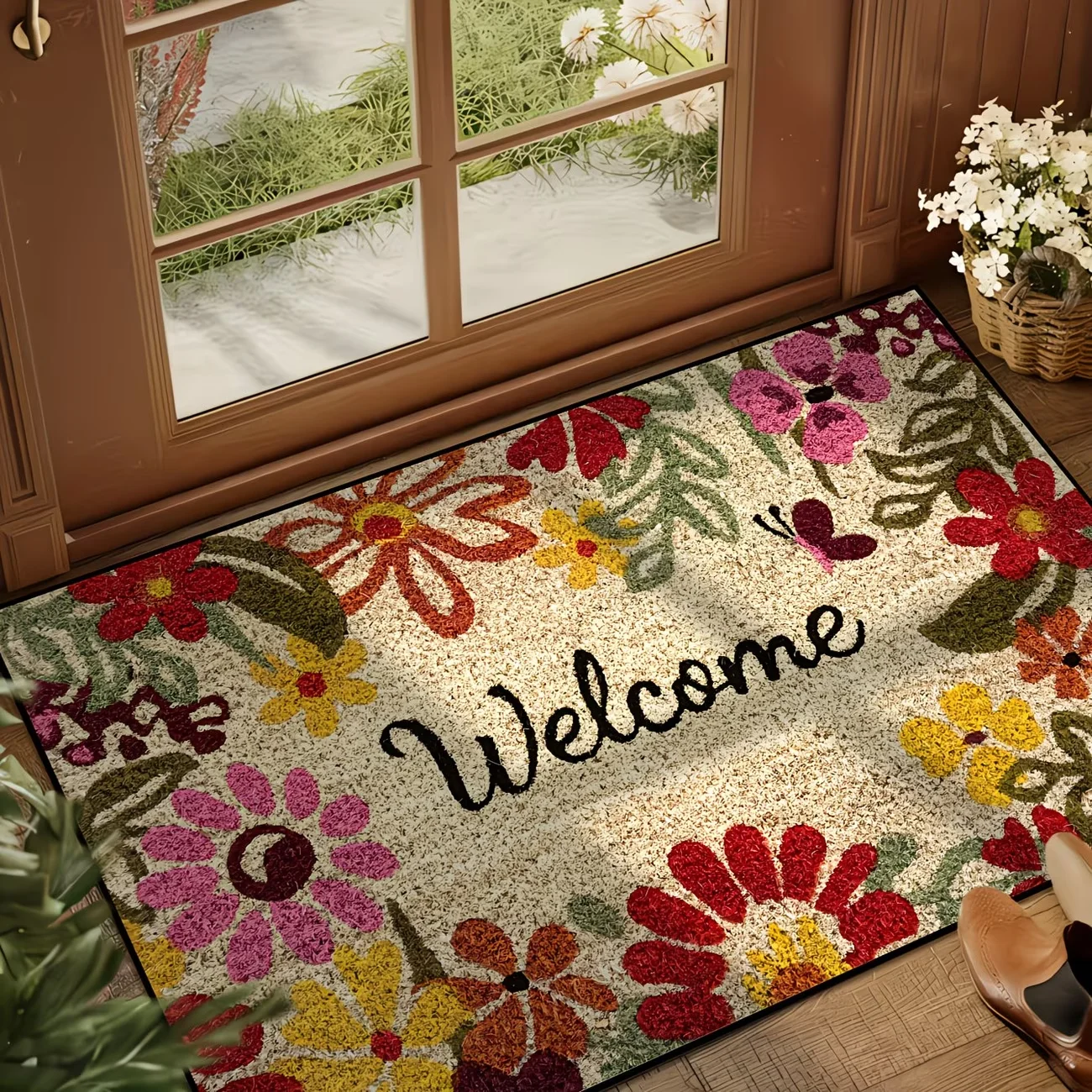 A Colorful Floral Patterned Doormat That Says 'Welcome', Adding Warmth and Vitality To Your Home Entrance Non-Slip Doormat
