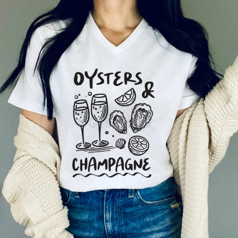Woman T-shirts Oysters and Champagne Shirt Coastal Foodie Tee Beach Brunch Graphic Tee V-neck Wine and Seafood Printed T-shirt