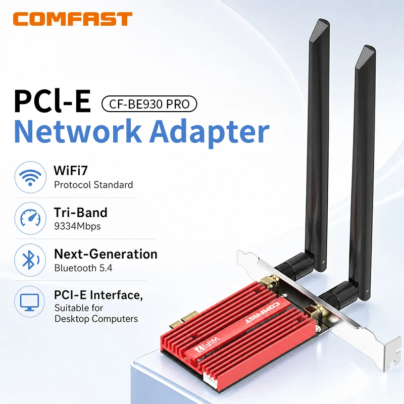 

COMFAST CF-BE930 PRO WiFi 7 PCI-E Network Card 9334Mbps Tri-Band 2.4G/5G/6G Bluetooth 5.4 320MHz Channel for Desktop Windows 11