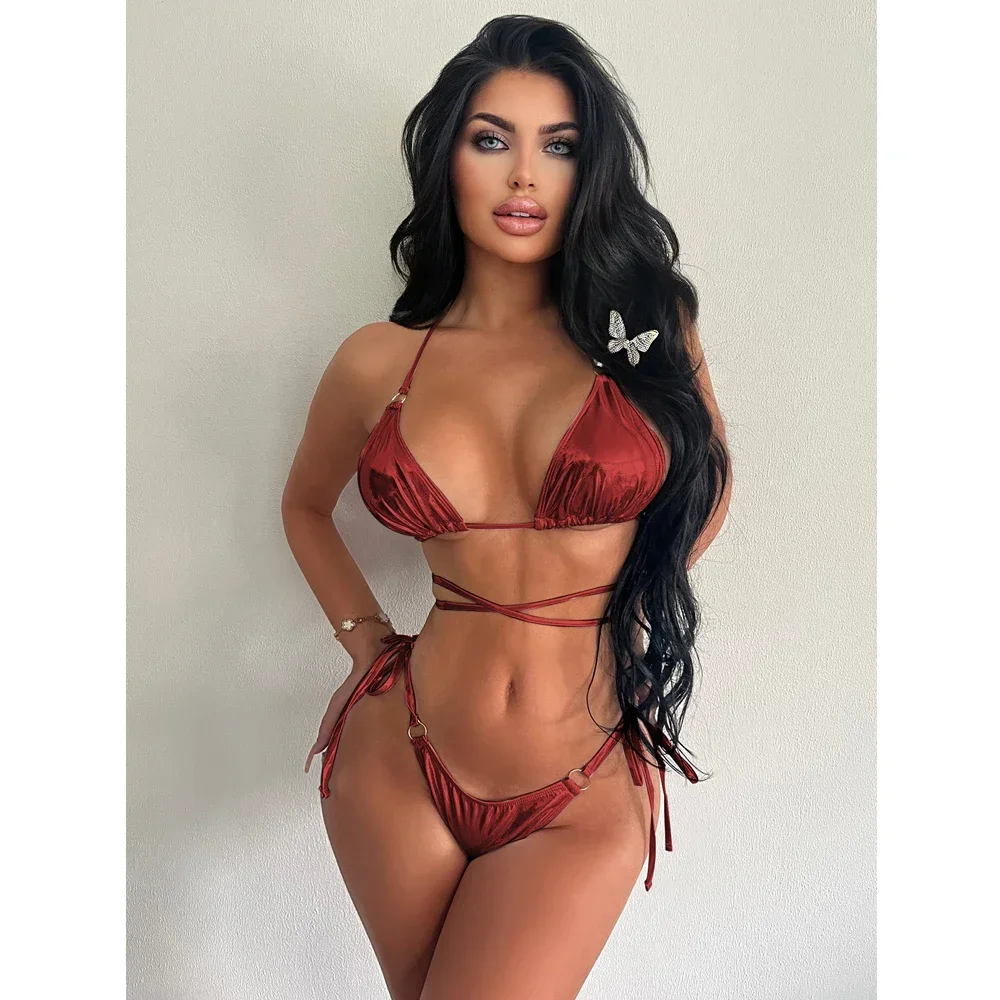 Costume da bagno a pieghe tinta unita 2024 Donna Bikini perizoma in due pezzi Costume da bagno sexy con coppa a triangolo Halter Lace-up Costume da bagno aperto sul retro