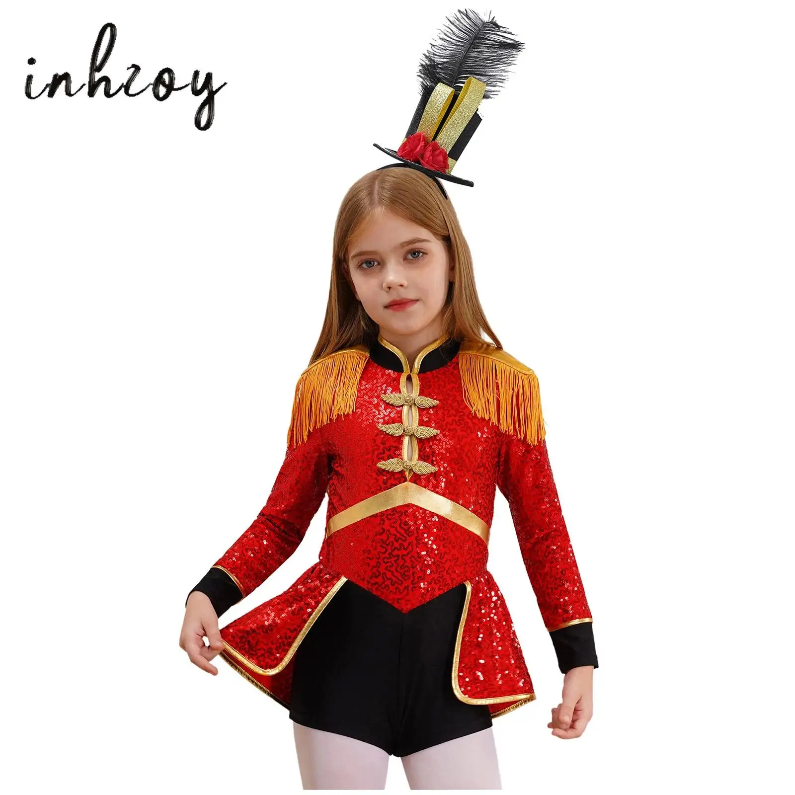 

Kids Girls Showman Ringmaster Circus Costume Bodysuit Sequins Jumpsuit with Feather Hat for Halloween Cosplay Stage Performance