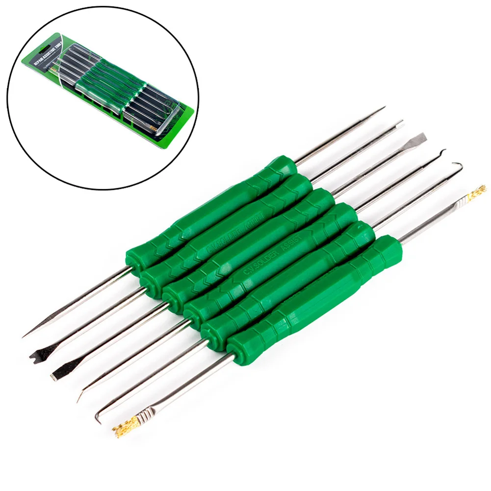 6Pcs PCB Desoldering Aid Tool Kit Soldering Welding Aid Assist Tool Cleaning Repair Tool Scraper Awl Brush Fork Hook Push Rod