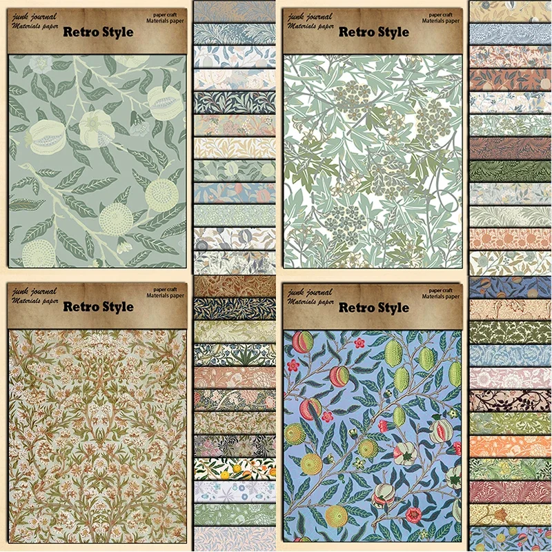 12Pcs William Morris Flowers Vintage Scrapbooking Pattern Papers DIY Card Making Journal Collage Gift Box Decorative Craft Paper