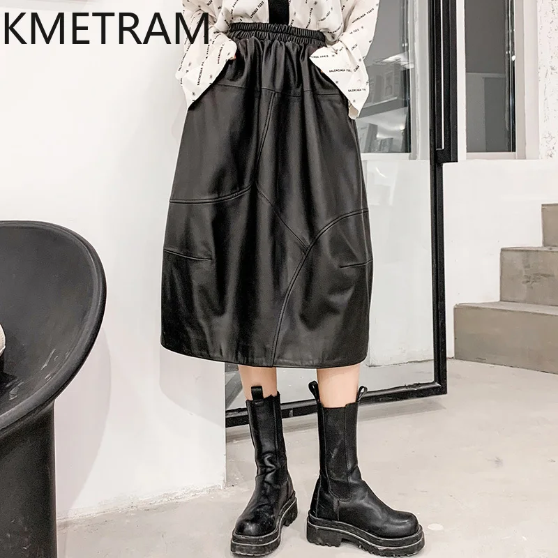 KMETRAM Genuine Leather Skirts for Woman Real Sheepskin Long Skirt Autumn Winter Women Clothing High Waist Юбка Длинная 2024