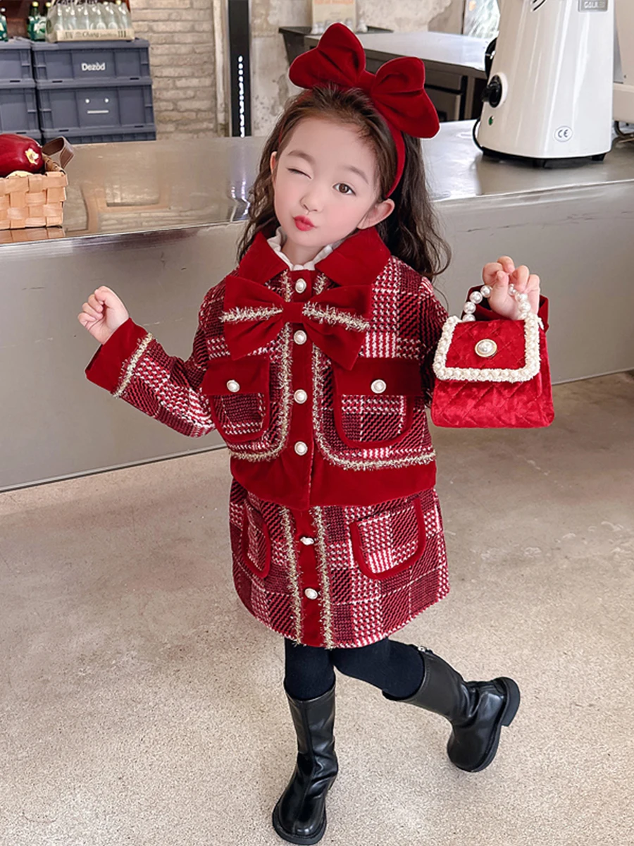 Burgundy Girls Cotton Christmas Set 2023 Winter Baby Thickened Brilliant Silk Bow Top+Plaid Half Skirt 2PS Fashion Vivid Sets