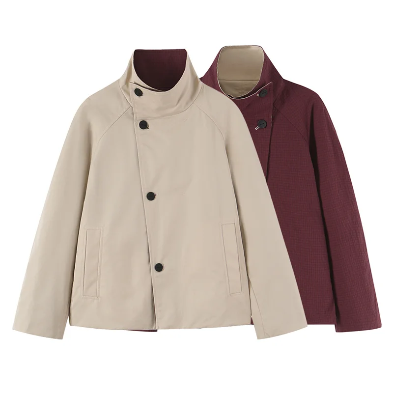 Guobioziy Women's Jacket 2026 Fall/Winter New Simple Versatile Long-Sleeve Stand Collar Reversible Short Trench Coat