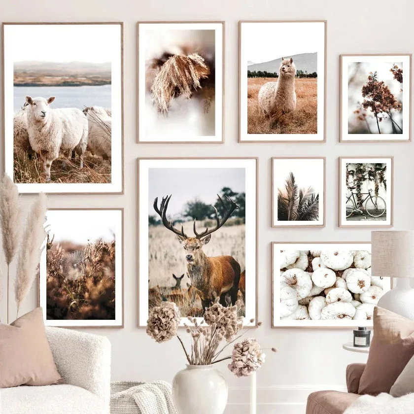 الشمال أوراق النخيل العشب الأغنام الغزلان الألبكة اليقطين الدراجة الخريف المشارك طباعة حائط لوح رسم الفن صور لغرفة المعيشة ديكور #2