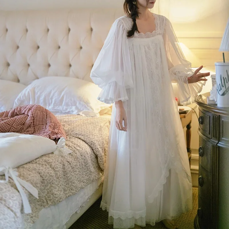 الجنية الفرنسية قطعتين الدانتيل قمصان النوم مثير السباغيتي حزام ثوب النوم فيكتوريا ساحة طوق كامل الأكمام فستان نوم طويل جديد