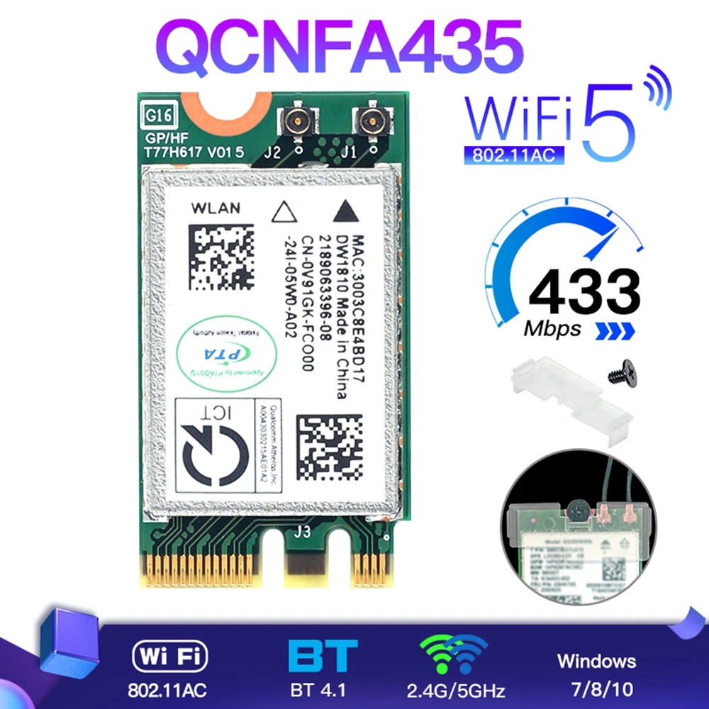 QCNFA435A 433Mbps 802.11AC For Bluetooth 4.1 WLAN Wireless WiFi Card Qualcomm Atheros QCNFA435 Dual Band Wi-Fi NGFF M.2 Card