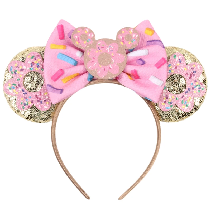 2024 New Cute Print Donuts Mickey Mouse Headband Girls Birthday Party Disney Ear Fabric Bow Hairband Women Kids Hair Accessories