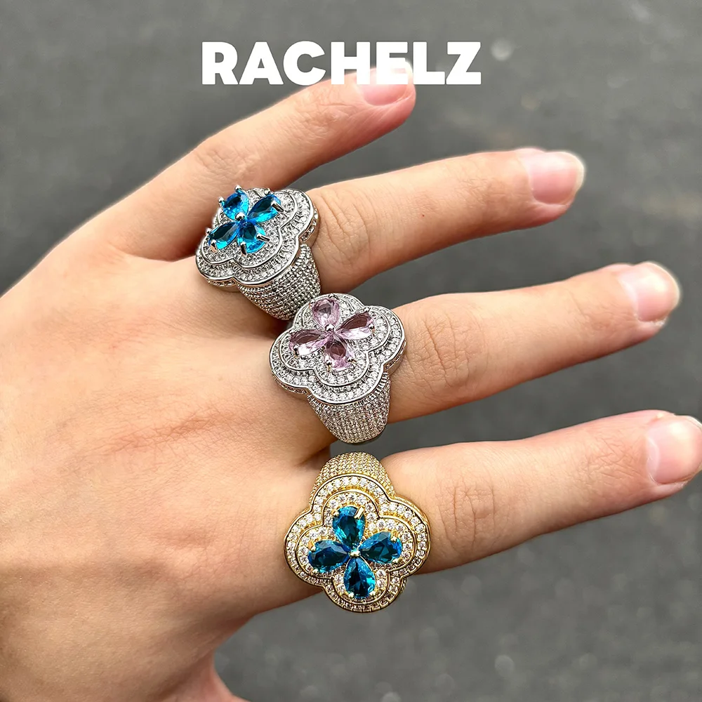 RACHELZ الهيب هوب مثلج خارج تشيكوسلوفاكيا حجر زهرة الزركون خواتم الاتجاه لامعة مكعب زركونيا البنصر للنساء الرجال المجوهرات يوميا #5