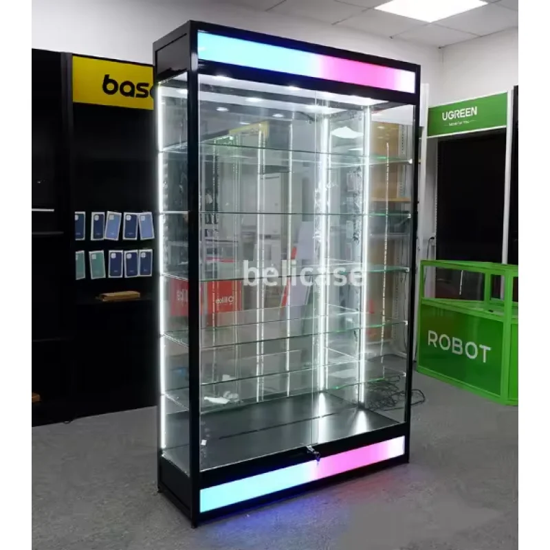 (Customized) USA retail store glass counter with flash light shop decor display smoke shop display cabinet showcase