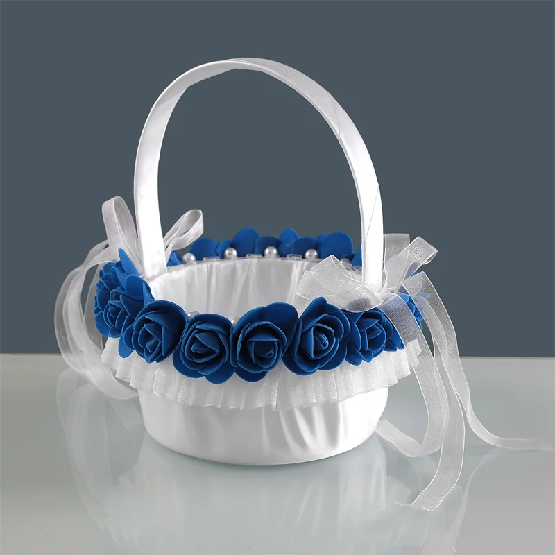 A satin bride's bouquet basket decorated with sapphire blue flowers, with a bow - a flower basket for weddings and events