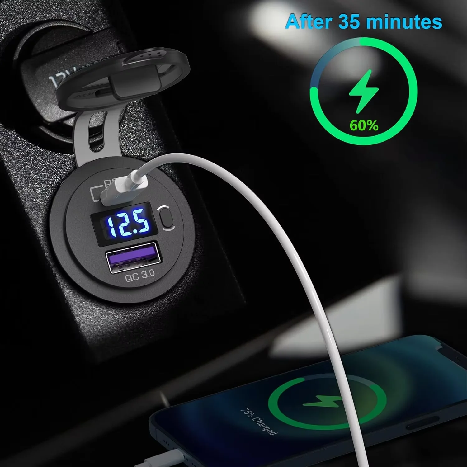 12V Dual USB Car Charger PD3.0 and QC3.0 Port Power Socket With LED Voltmeter and On/Off Switch