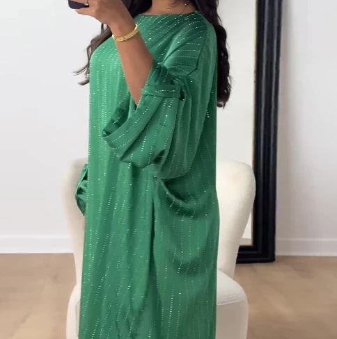 Plus Size Women\'s Dress Elegant Fashion Casual Solid Color Round Neck Bat Long Sleeve Glitter Design Loose A-line Long Dress