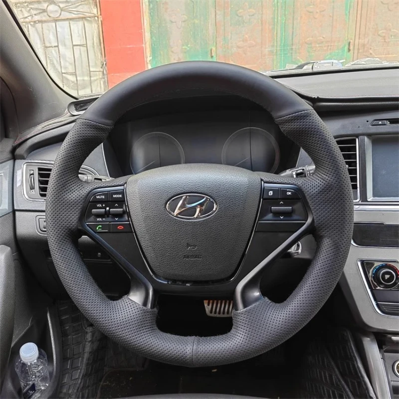 For Hyundai Sonata 9 2015-2017 (4-Spoke) Hand Stitched non-slip Black Genuine Leather Car Steering Wheel Cover