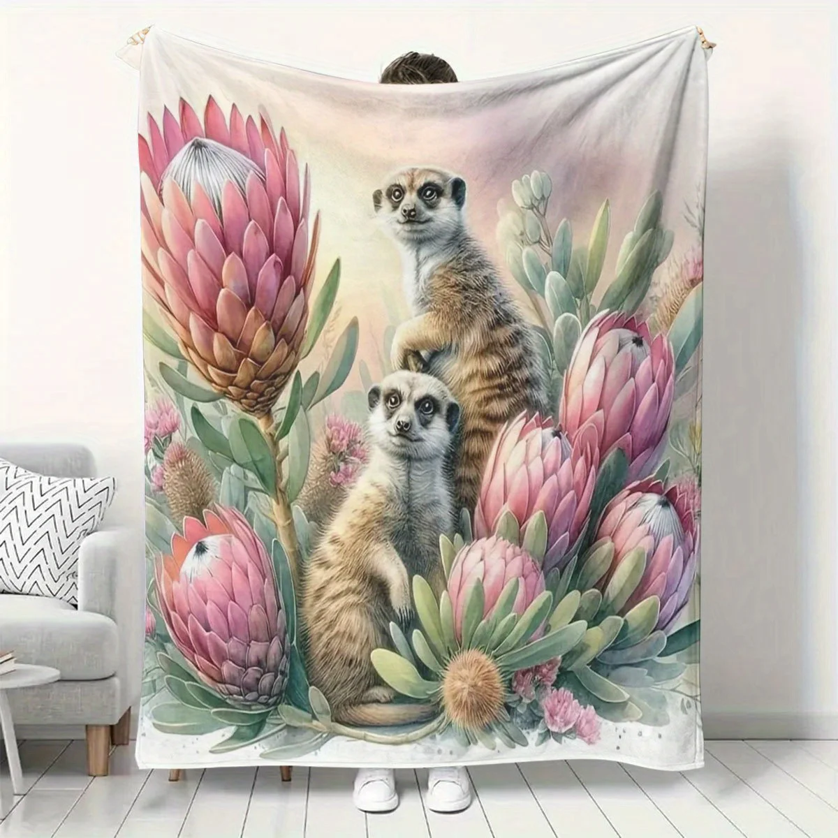 Adorable Meerkat and Vibrant Protea Floral Throw Blanket - Whimsical Animal Pattern Cozy Soft Accent for Sofa Office Travel
