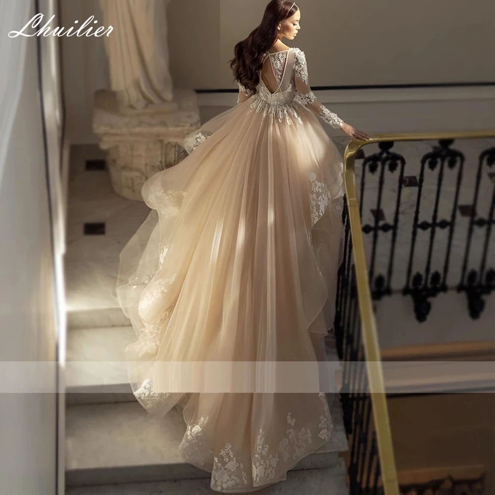 Lhuilier Customized Women's A Line Sexy V Neck Tulle Wedding Dresses Full Sleeves Bridal Gown with Chapel Train