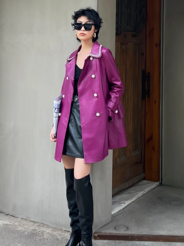 

202 New Women's Genuine eepskin Leather Jaet Long Motorcycle Sle Coat Turn-down Collar Loose Outerwear