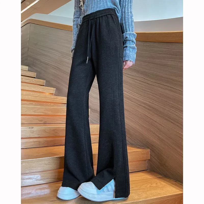 2025 أنثى عالية الخصر فضفاض رقيقة Sweatpants سيدة الكلاسيكية الصلبة جرس أسفل بنطلون المرأة موضة عادية مستقيم الساق السراويل