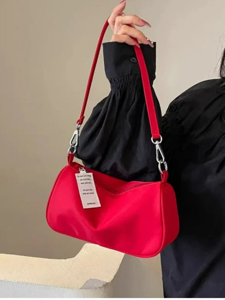 Red Bag Woman 2024 New High-grade Shoulder Hand Underarm Bag Niche Design Simple Commuter Bag Solid Color