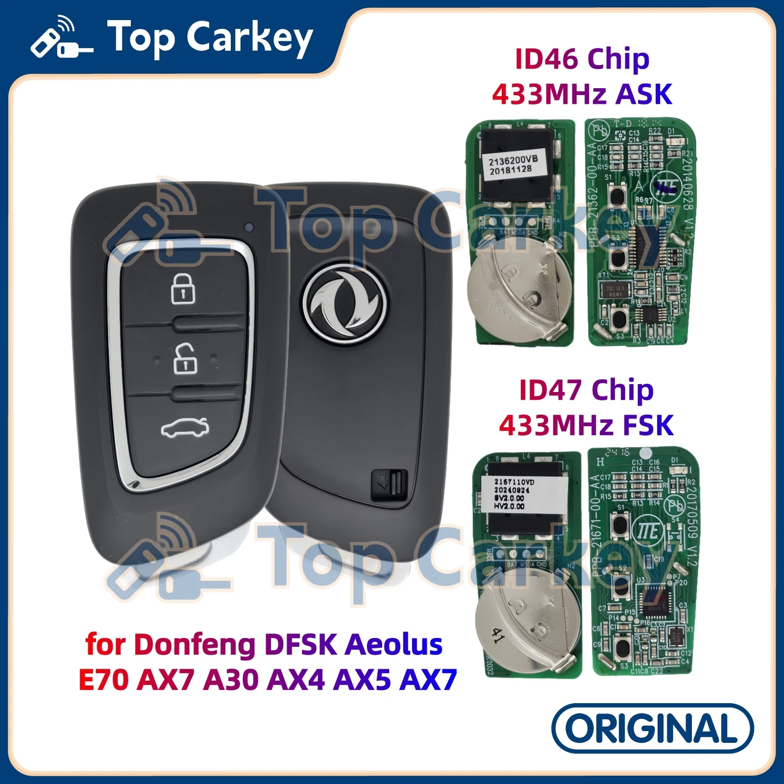 

Оригинальный смарт-брелок TopCarkey без ключа ID46 ID47 чип 433 МГц для Donfeng DFSK Aeolus E70 AX7 A30 AX4 AX5 AX7