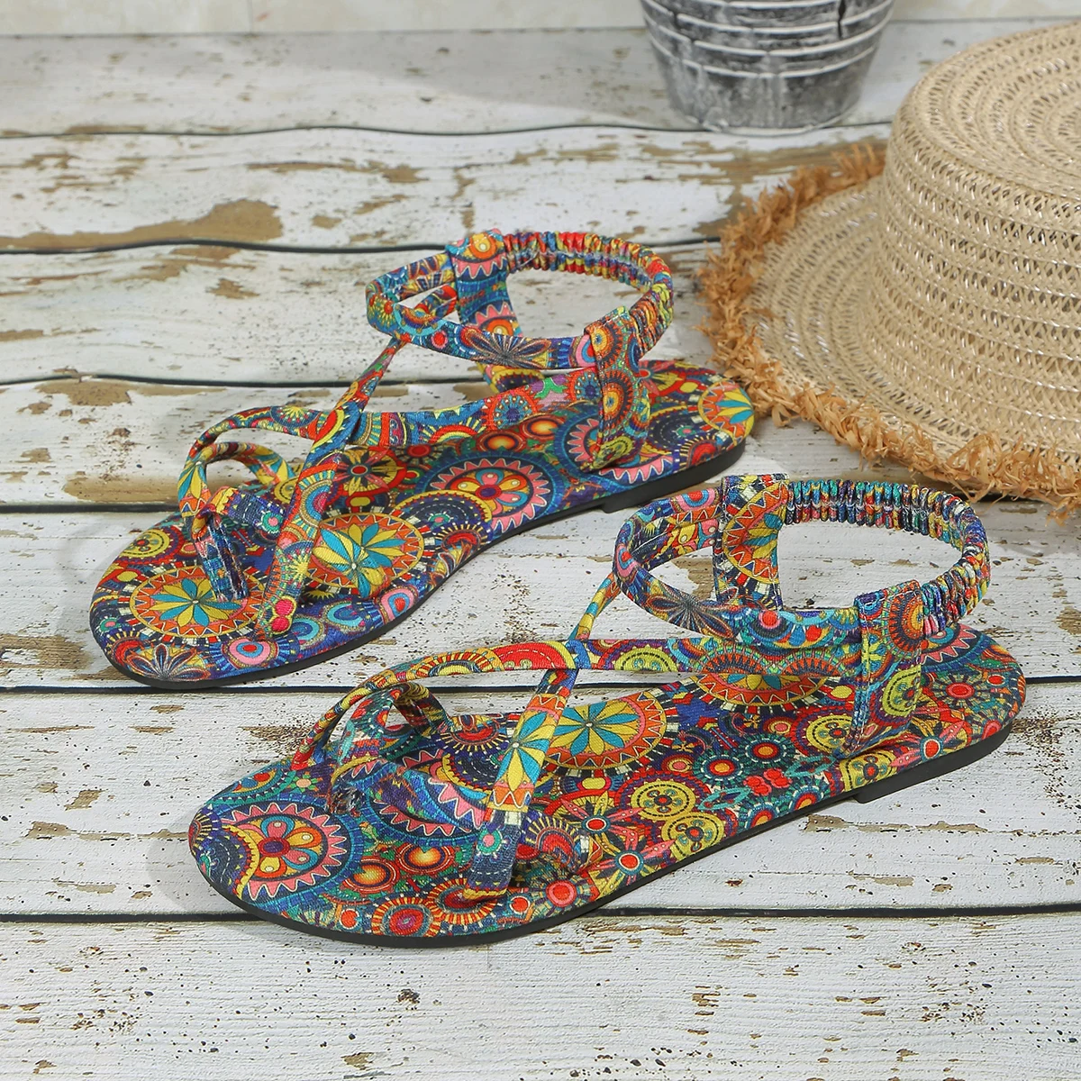 Women Sandals Color Block Elastic Band Ethnic Style Shoes Summer Large Size Flat Bottom Sandals Women Trend Beach Slip-On Shoes