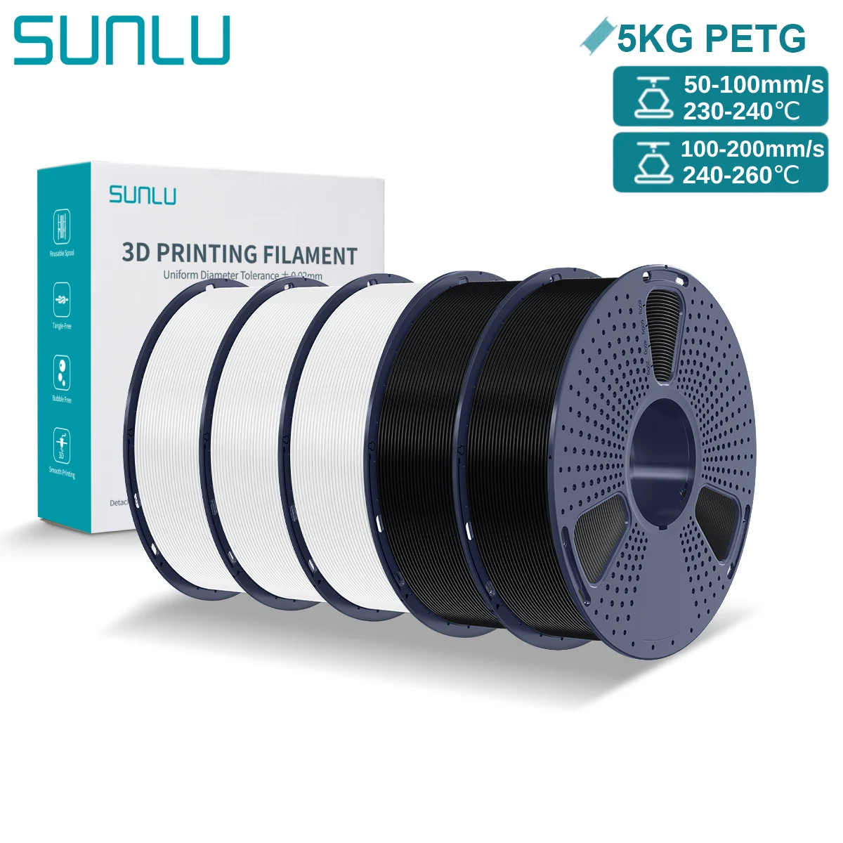 SUNLU PETG 3D-Drucker-Filament, 5 kg, ordentlich gewickelt, gute Zähigkeit, 1,75 mm 3D-Filament mit wiederverwendbarer Spule für die meisten FDM-Drucker