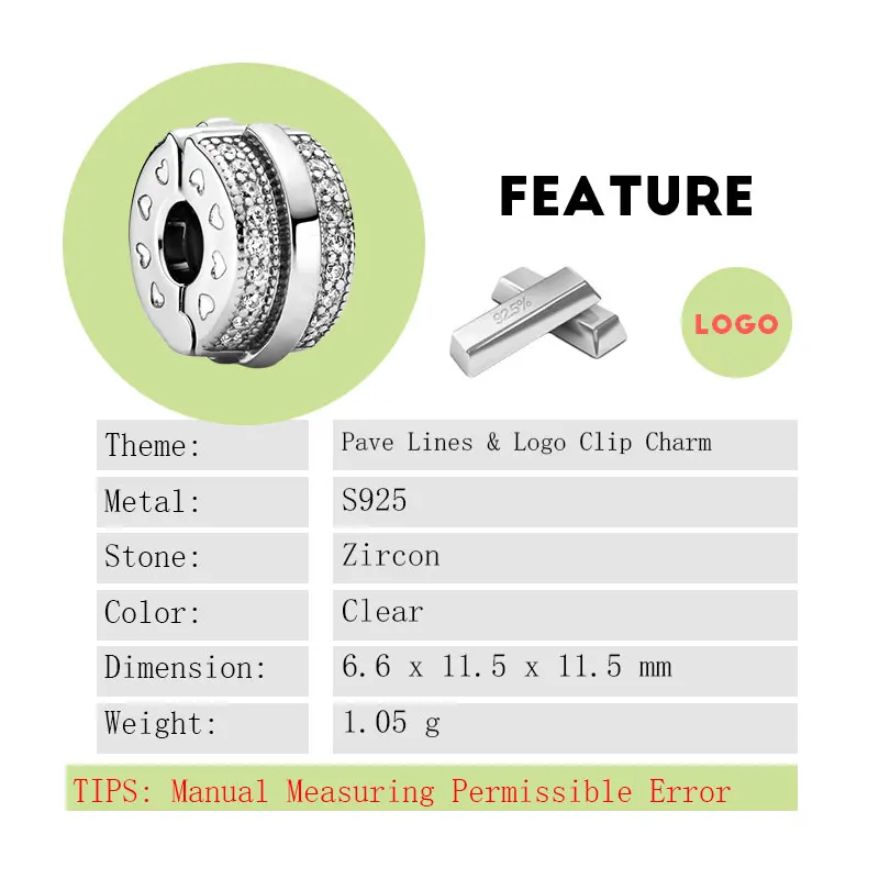 Pave Setting Clear Zircon Stones Lines LOGO Clip Charm Beads For Women 925 Sterling Silver Original Jewelry Making DIY Bracelets