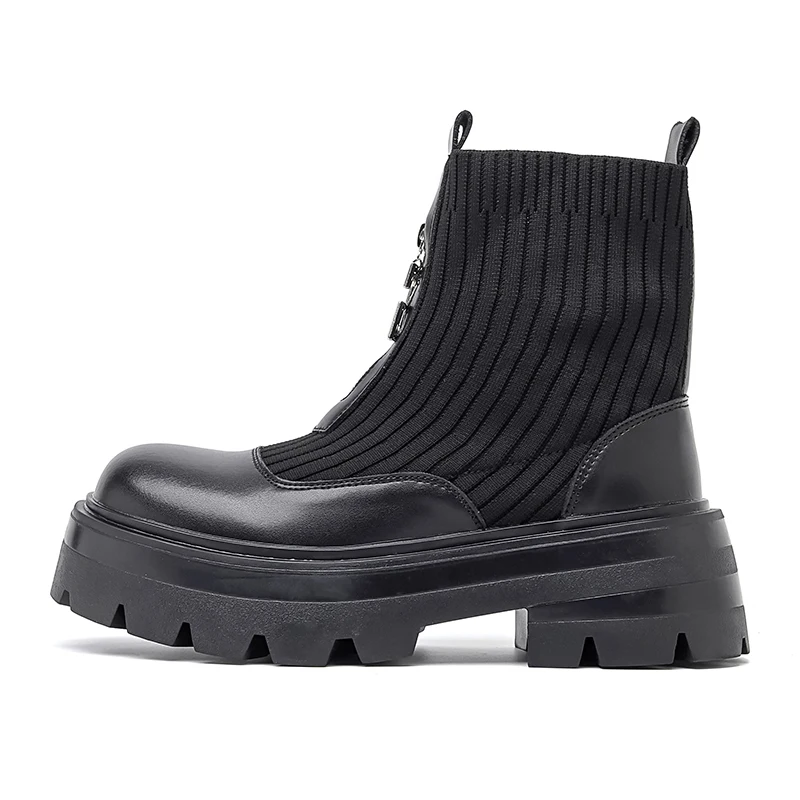 Sepatu Bot Pendek Pria Sepatu Kulit Ritsleting Tinggi Bersol Tebal Inggris Sepatu Sepeda Motor Ujung Bulat Modis Kualitas Tinggi