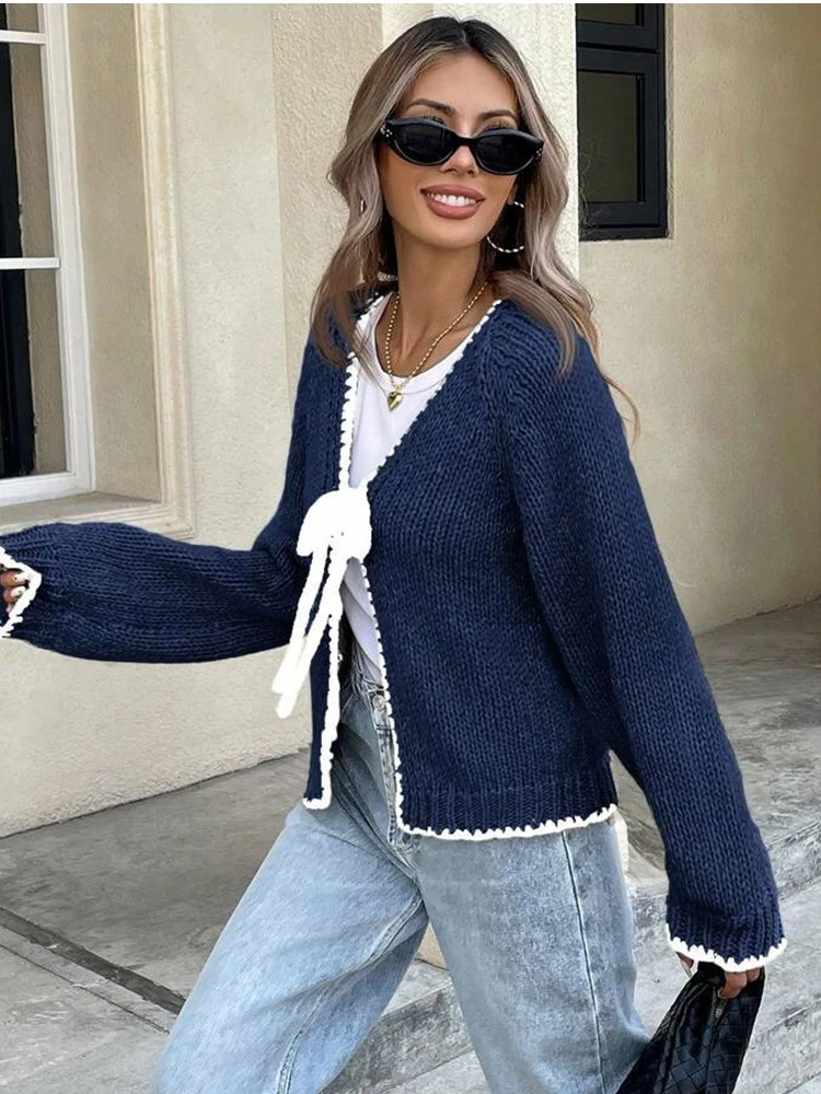 Maglioni cardigan con lacci eleganti con fiocco Maglione allentato con scollo a V a maniche lunghe casual da donna 2025 Autunno Office Lady Commute Outwear