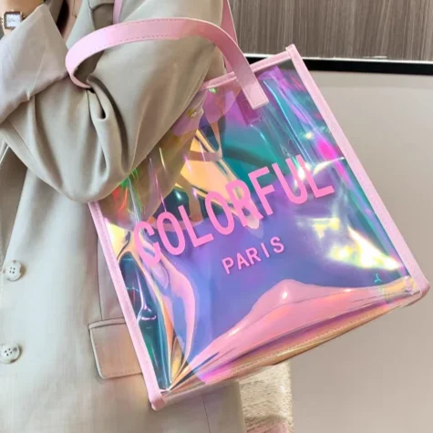 

Лазерная резка, ПВХ, пляжная сумка большой вместимости, на одно плечо, летняя, прозрачная, в стиле «желе», для молодежи