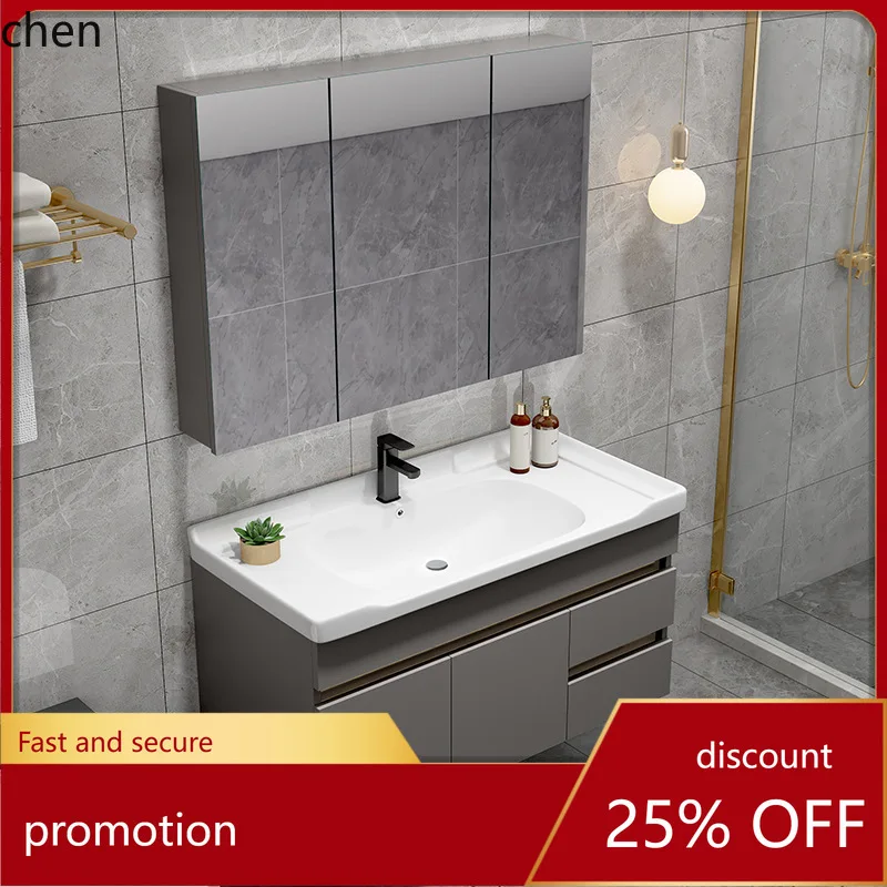 

CZ Bathroom Cabinet Combination with Rock Slab Basin Integrated Ceramic Simple Bathroom Washstand Cabinet Smart Mirror Cabinet