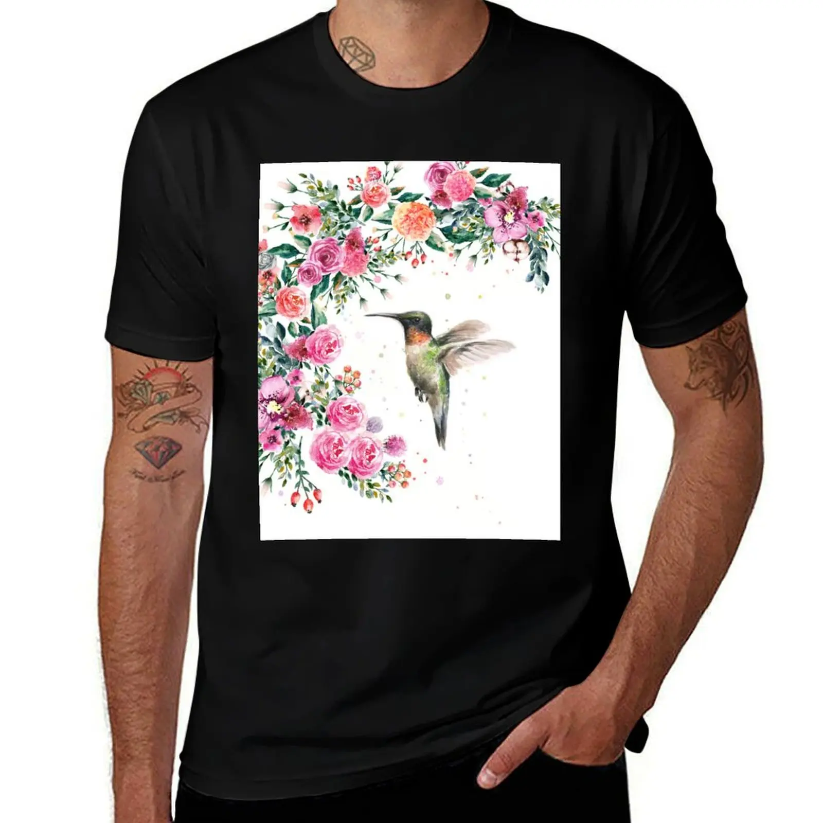 

Hummingbird and Flowers Watercolor T-Shirt animal prinfor boys cute tops summer tops vintage t shirt men
