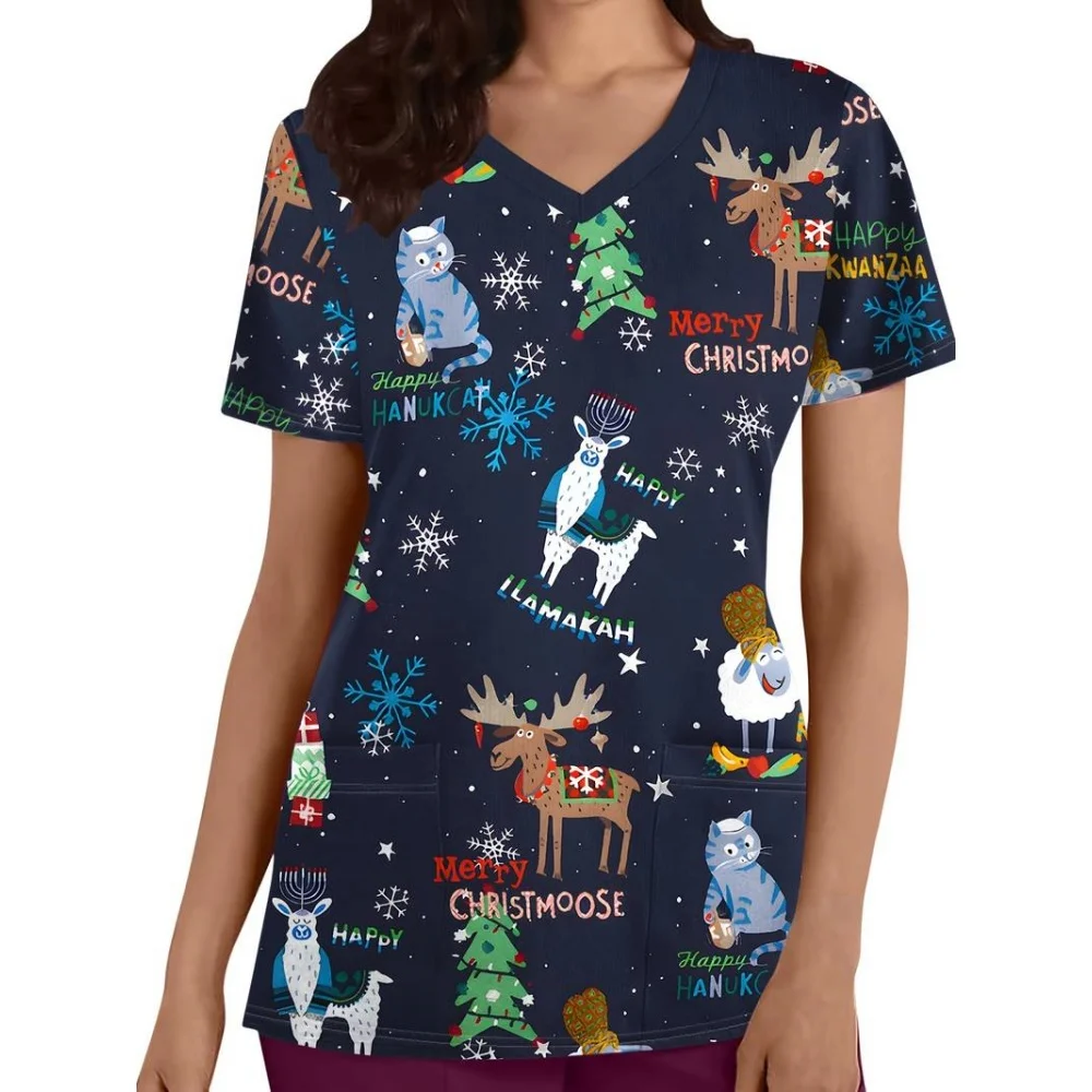 Uniforme de gommage de noël pour femme, motif de bonhomme de neige de dessin animé, haut d'infirmière de dentiste, confortable à manches courtes avec poche, uniforme d'infirmière pour femme