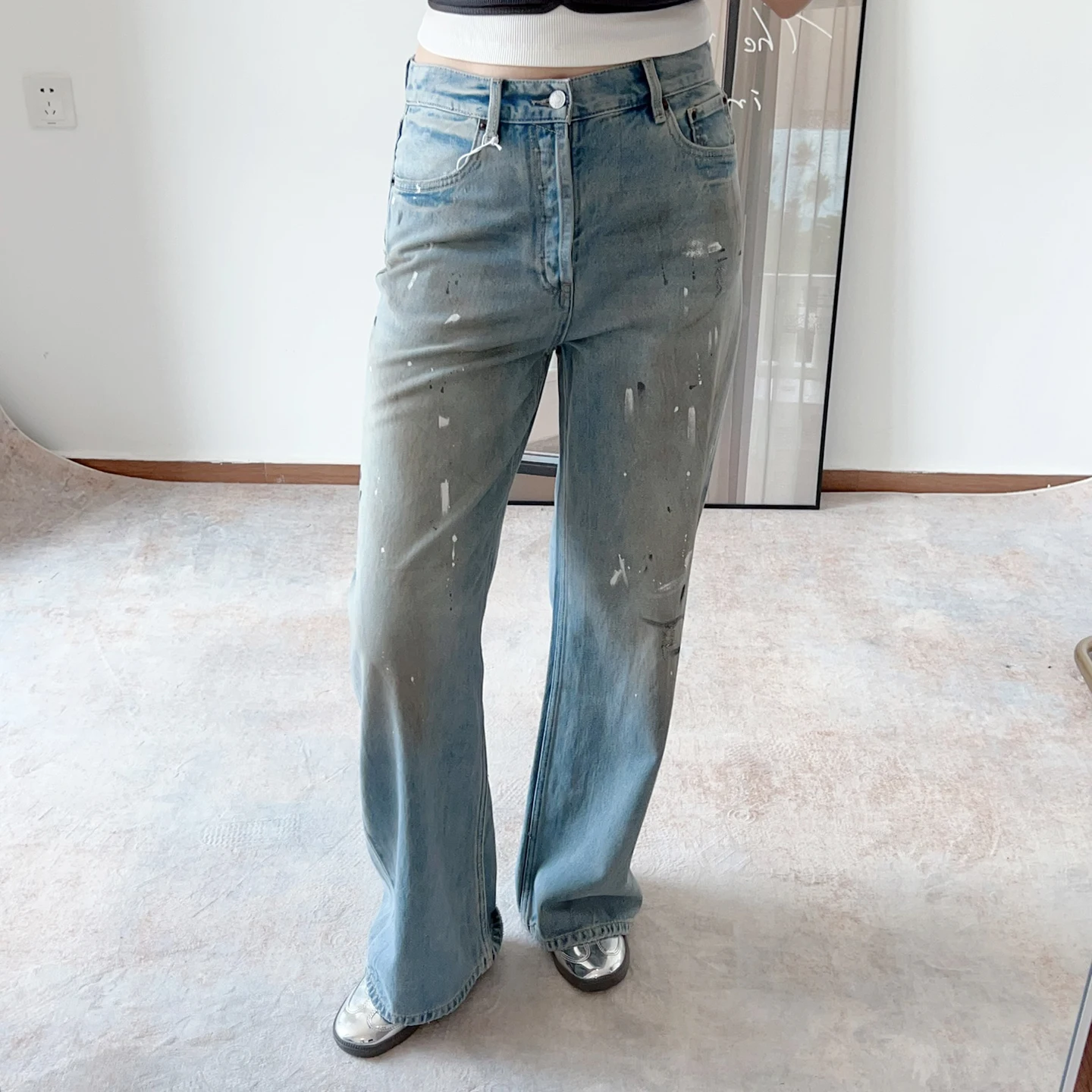 

Светло-голубые джинсы Nordic Small Cro из хлопка с эффектом брызг краски, с высокой талией, широкими штанинами и легким клешем, повседневные