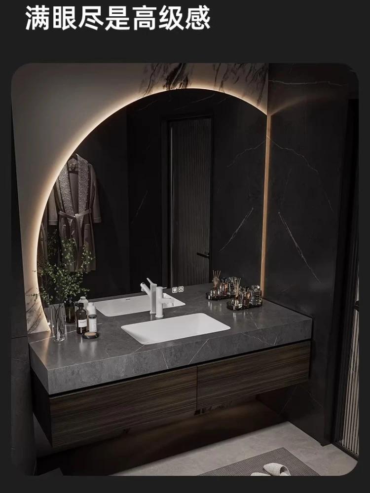 

Light luxury rock slab bathroom cabinet seamless ceramic integrated basin washbasin cabinet