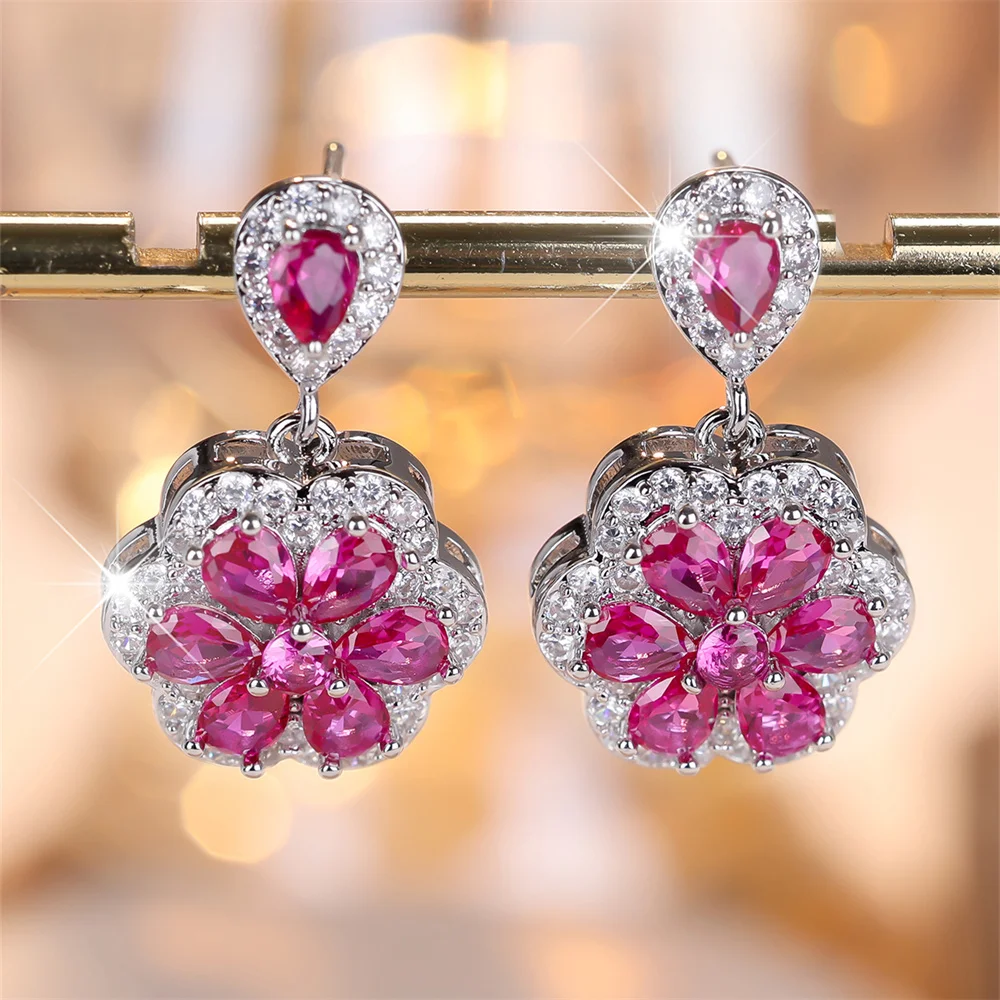 Small Flower Pendant Stud Earring Rose Red Crystal Water Drop Stone Earrings For Women Trendy Silver Color Jewelry Wedding Gifts