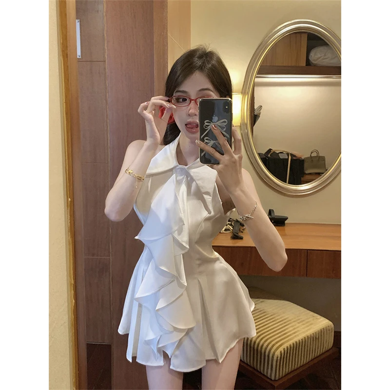 

Elegant White Shirts Women Fashion Sexy Halter Ruffles Blouses Summer Ladies Korean Sleeveless Patchwork Slim Design Tops New