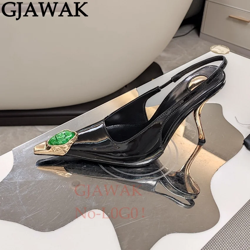 Summer Gemstone Studded Thin Heel Pumps Women Slingback Pearl Leather Modern Sandals Point Toe Party Dress Shoes For Woman