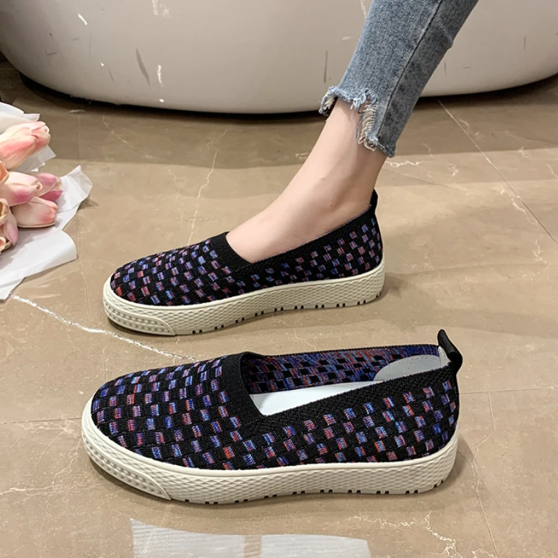 Women's Single Shoes Summer New Thick Sole Knit Matching Light Mouth Cloth Shoes Casual Comfort Increase Breathable Oxford Shoes