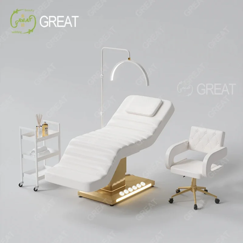 Hot Sale Beauty Salon Furniture White Massage Table Set Luxury Gold Base 3 Motor Spa Chair Bed with Stool
