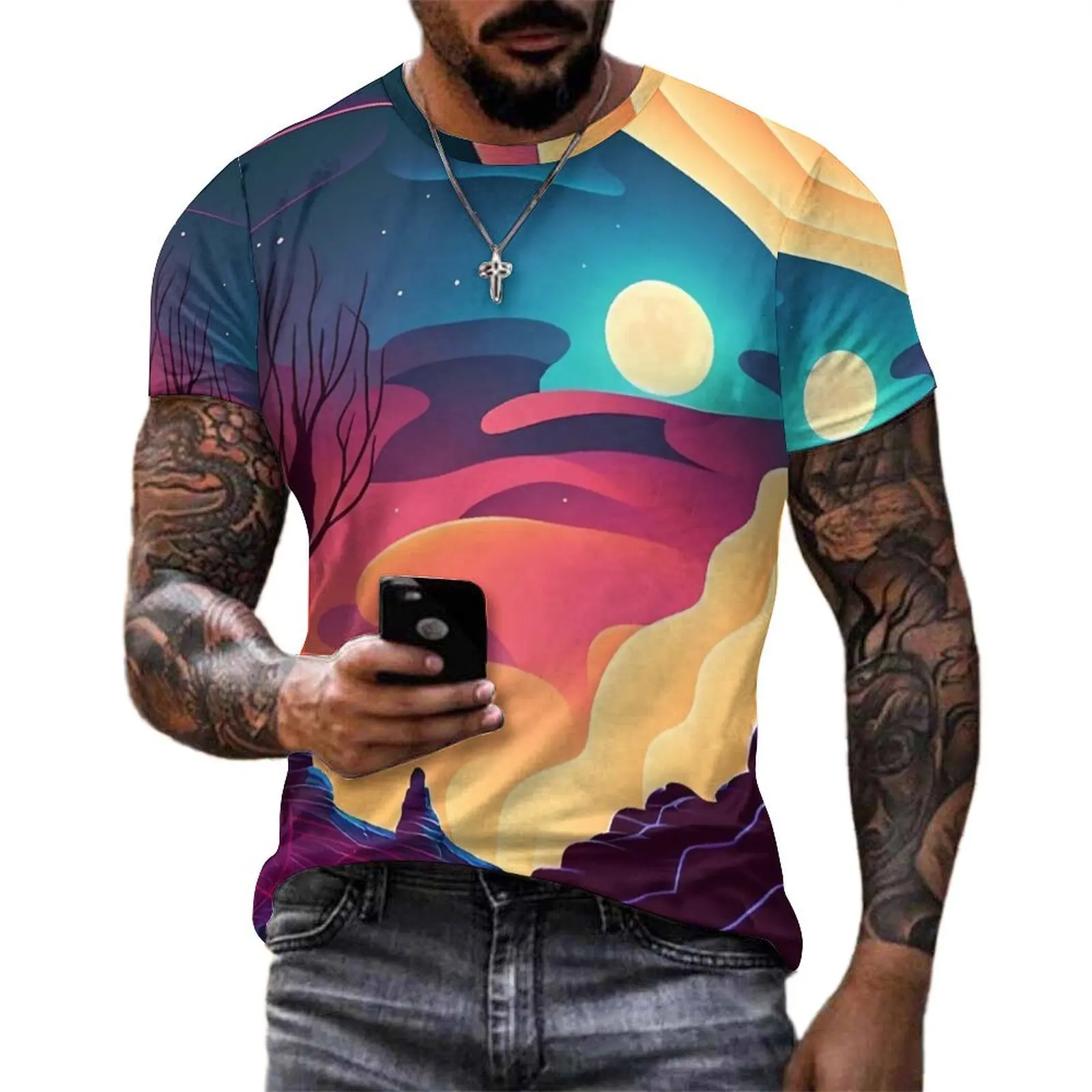 الصحراء في الليل تي شيرت للرجال القمر طباعة مخصص س الرقبة تي شيرت الشاطئ كول بلايز قصيرة الأكمام مضحك المتضخم تيز هدية #3