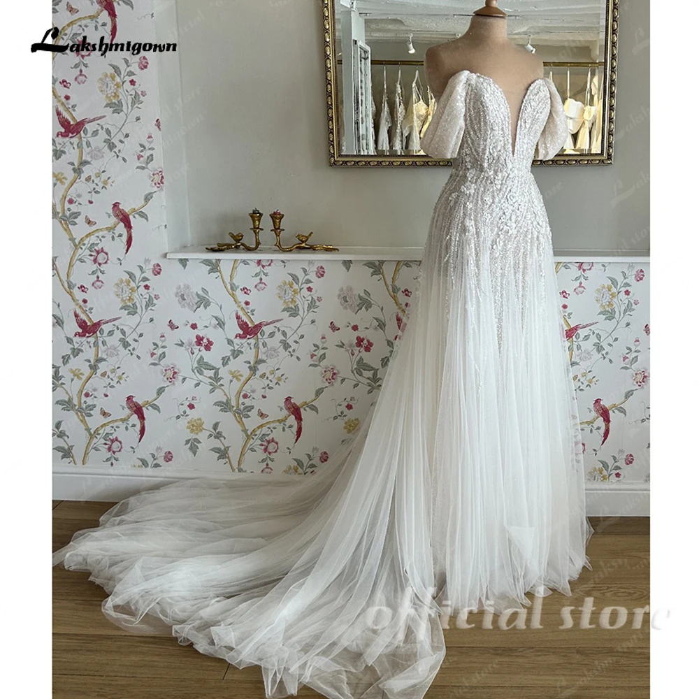 Lakshmigown Schulterfreies Perlen-Spitzenkleid A-Linie V-Ausschnitt Hochzeitskleid für Frauen 2026 Robe Boho Strand Hochzeitsfeier Kleid Maßanfertigung – Detail 5