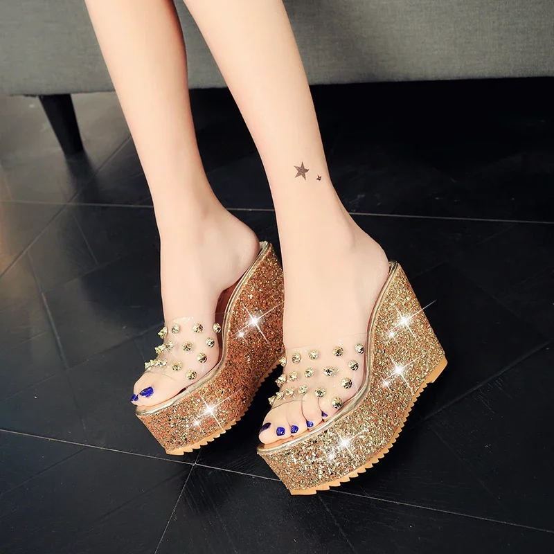 Women Sandals Rivets Transparent Peep Toe High Heels Sandals Fashion Ladies Glitter Platform Wedges Summer Slides