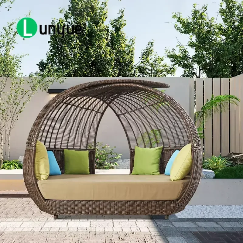 Luxury Brown Aluminum Rattan Round Recliner Sofa Bed Outdoor Wicker Sunbed Furniture for Poolside Beach Patio Garden