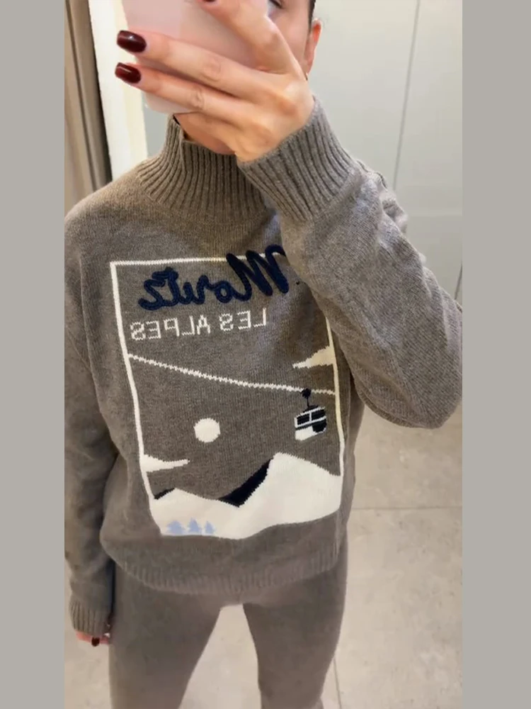 

Женский комплект: модный свитер с принтом и леггинсы для зимы, теплый, с длинным рукавом