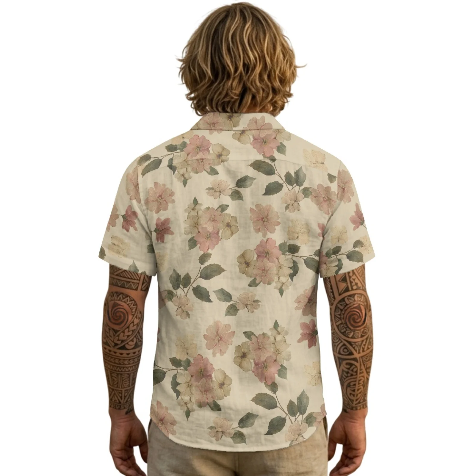 PENSTROLL Floral Pattern Linen Like Hawaiian Beach Shirt Single Breasted Mens Short Sleeve T-shirt for Youth S-3XL