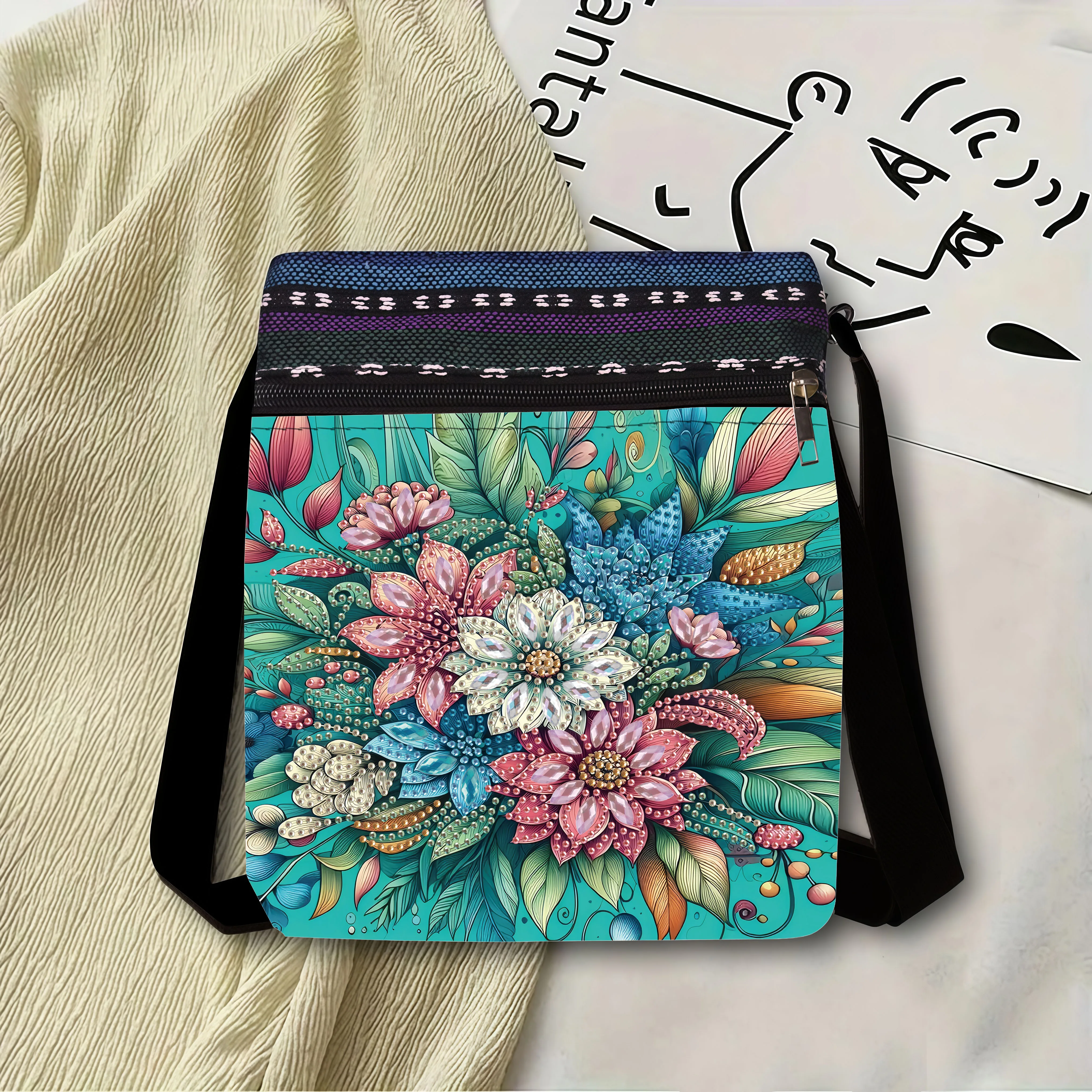 1 Piece Diamond Painting Kit Messenger Bag Floral Pattern Canvas Material Suitable for Home Daily Necessities Storage